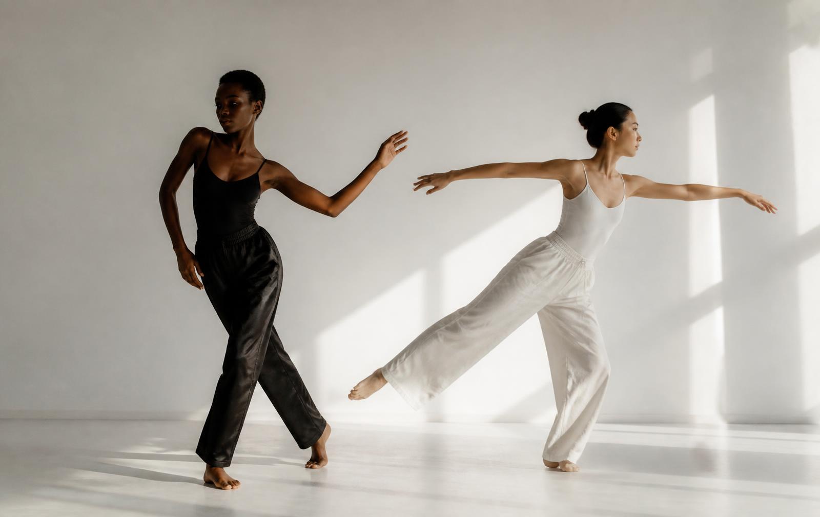 Two dancers moving across a sunlit white studio